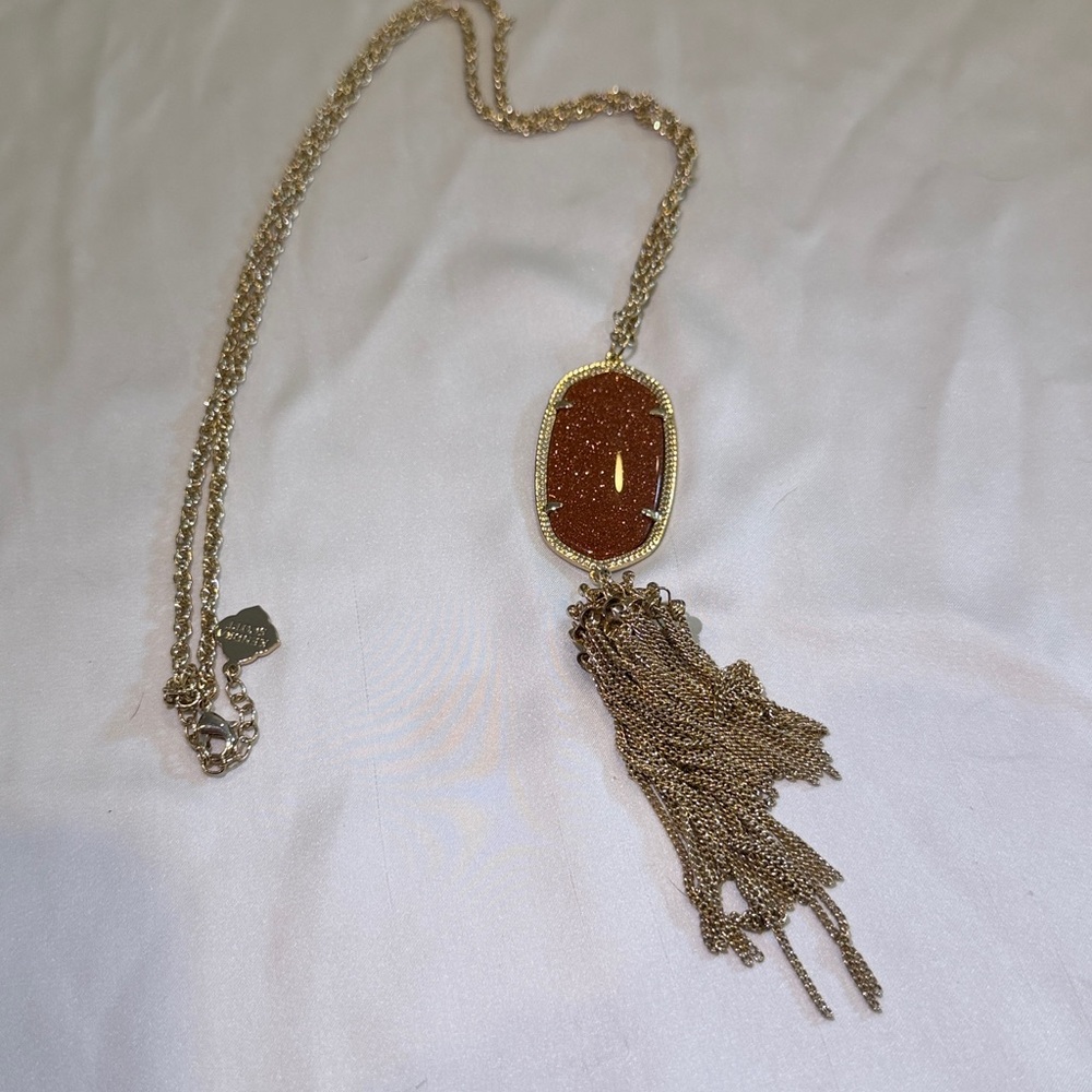Kendra Scott Rayne Long Pendant Necklace with Gold chain and Burnt Orange stone